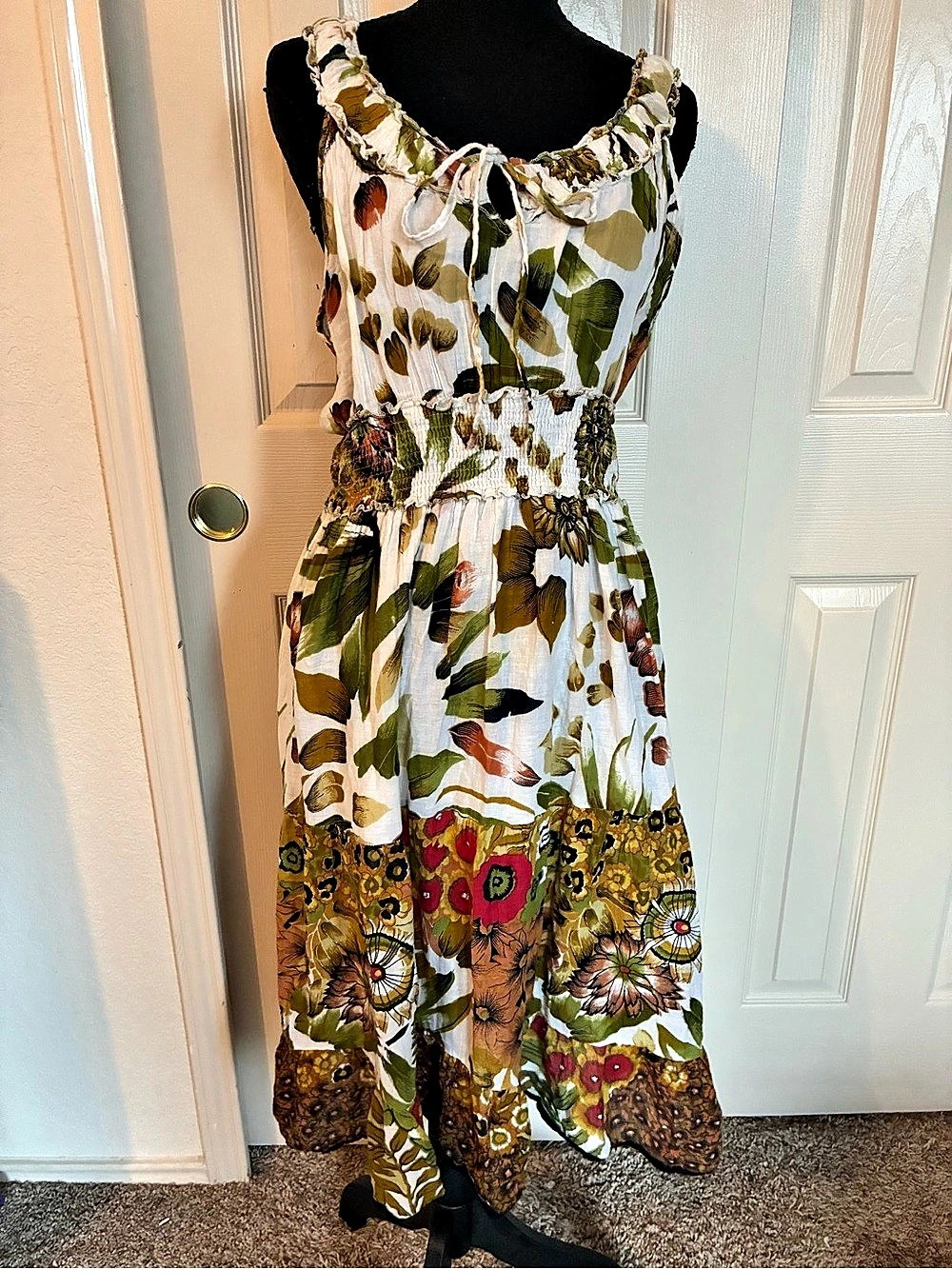 Nanette Lepore 100% Cotton Floral Maxi Dress in White & Green Size Large